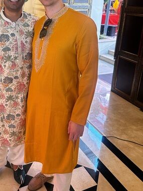 Men's Orange Embroidered Kurta - Traditional Tunic